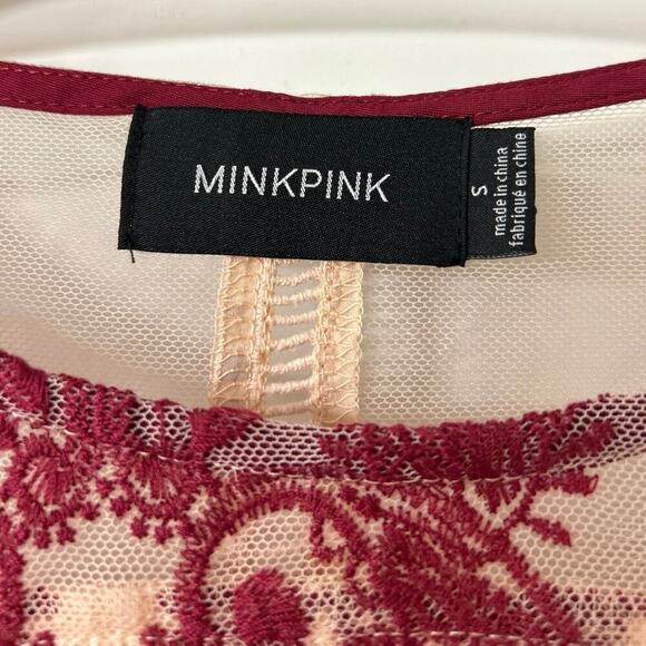 MINK PINK Sweetest Sound Sheer Mesh Embroidered Bell Sleeve Top Wine-Blush Sm - Picture 5 of 8